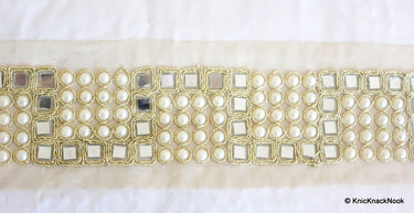 Sheer Gold Fabric Lace Trim With Mirror And Pearl Embellishments, Approx. 64mm Wide Indian Crafting Ribbon Decorative Trimming